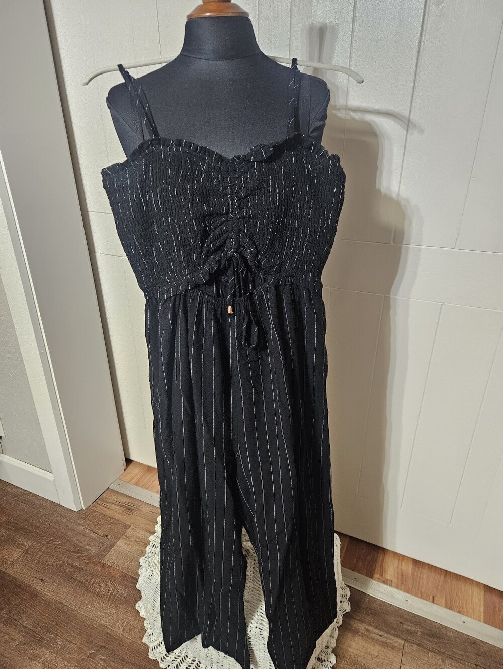 Black Pinstripe Smocked Jumpsuit Peek-a-boo Belly With Sweetheart Top & Pockets